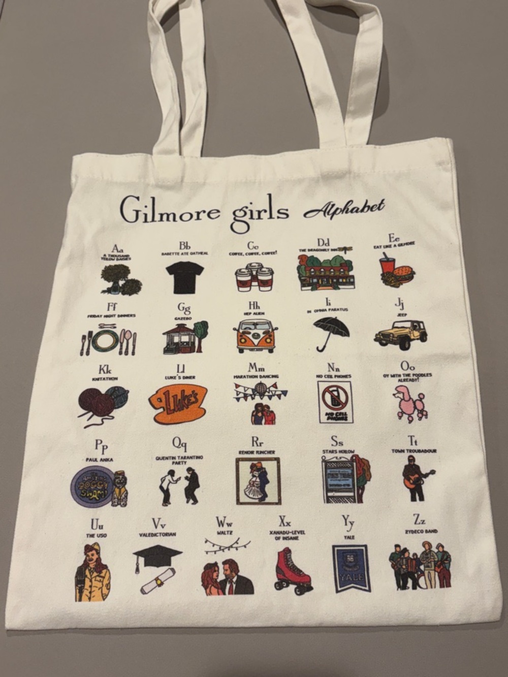 Gilmore girls cotton canvas tote bag book bag tv show alphabet EUC